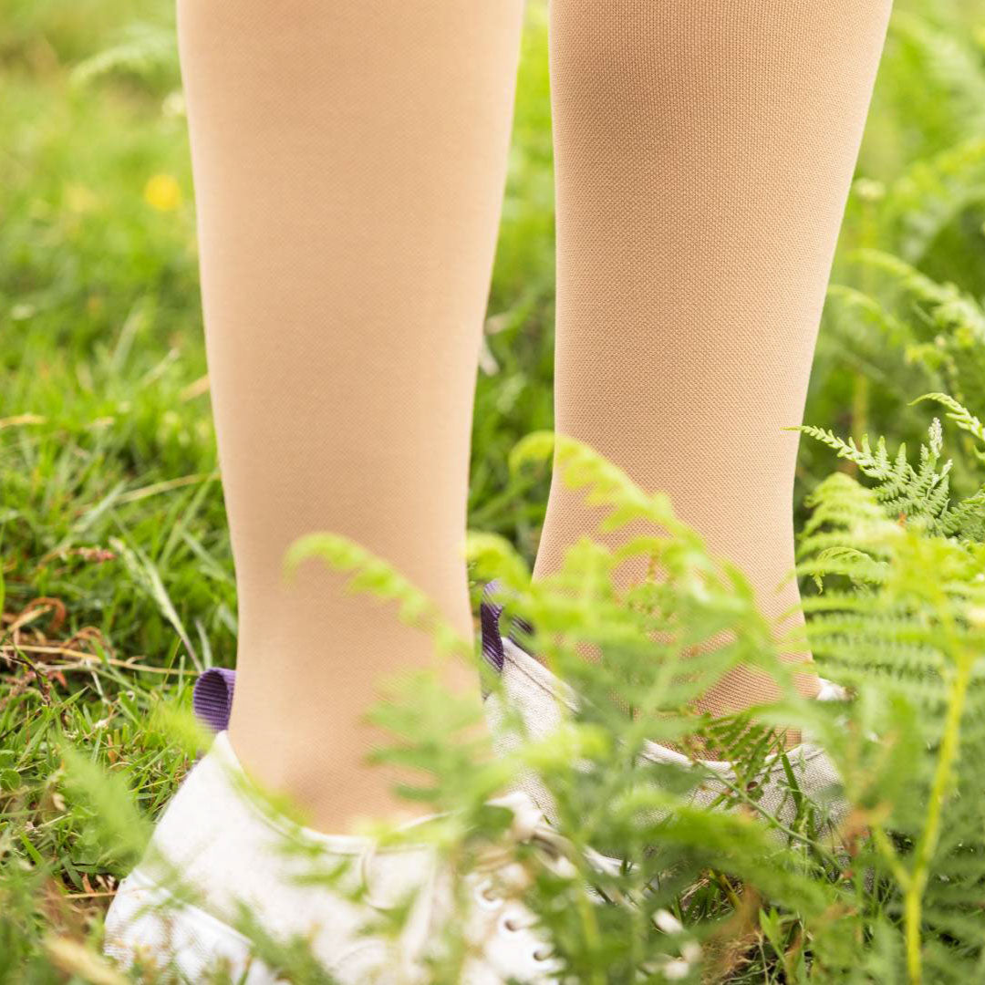 VenoTrain Impuls Compression Stockings, Thigh High, Class 3, Open Toe, Caramel, Silicone Border