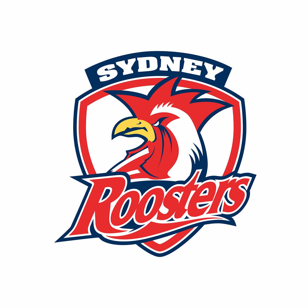 Sydney Roosters logo with a rooster design on a white background