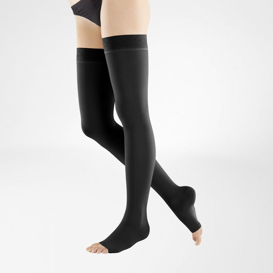 VenoTrain Micro Compression Stockings, Thigh High, Class 1, Open Toe, Black