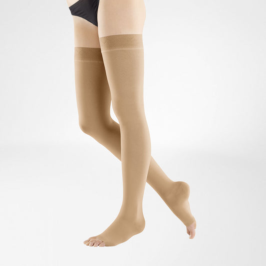 VenoTrain Soft Compression Stockings, Thigh High, Class 2, Open Toe, Caramel, Silicone Border