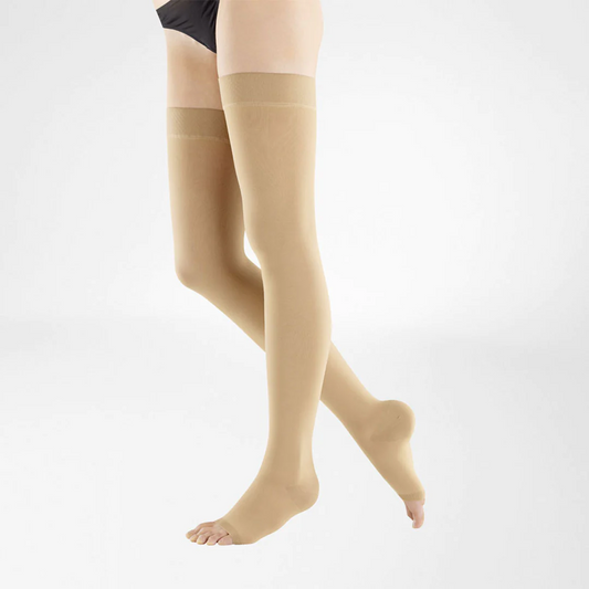 VenoTrain Micro Compression Stockings, Thigh High, Class 2, Open Toe, Caramel